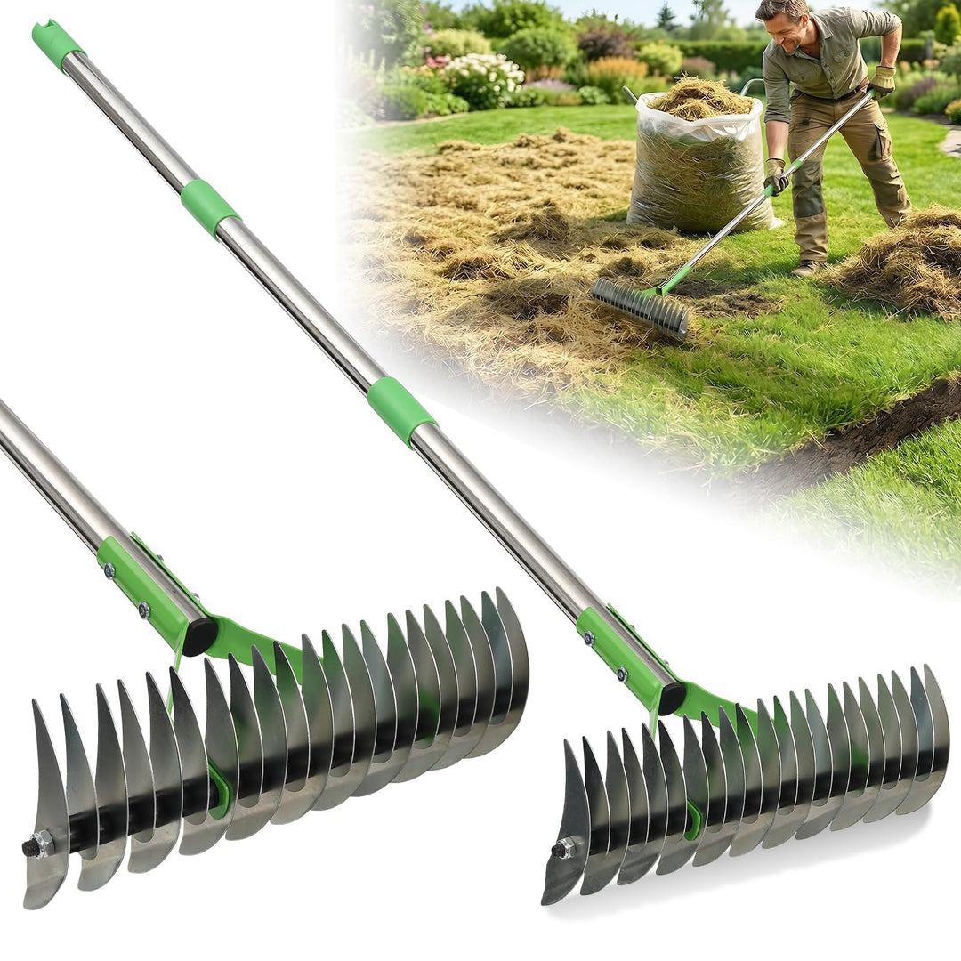 Vertikutierrechen 21 Zinken, Rasenrechen Mit 140 cm Verstellbarem Langem Griff Robuster Garten-Laubg