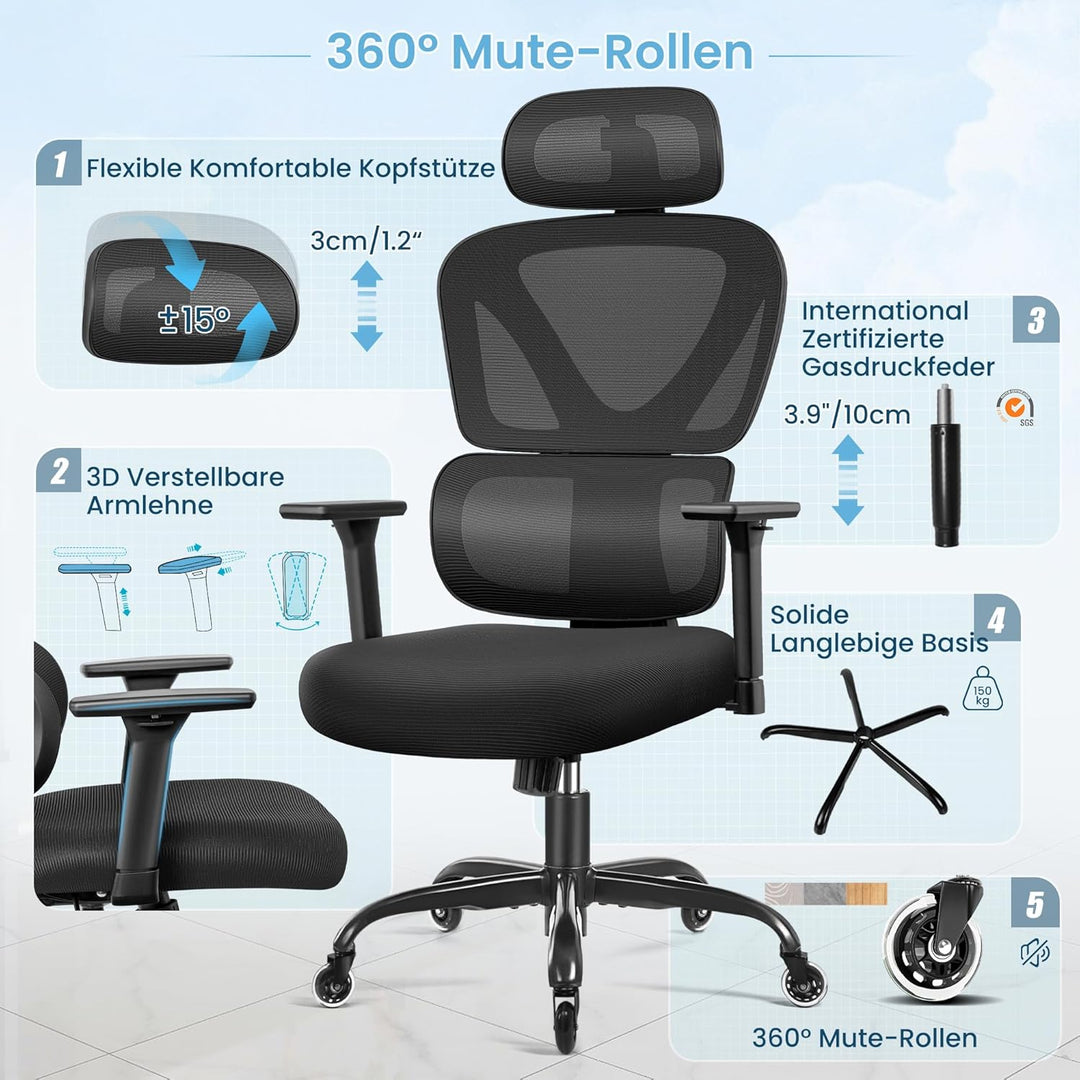 KERDOM Bürostuhl Ergonomischer Schreibtischstuhl,mit Verstellbarer Kopfstütze, Armlehnen, Lendenwirb