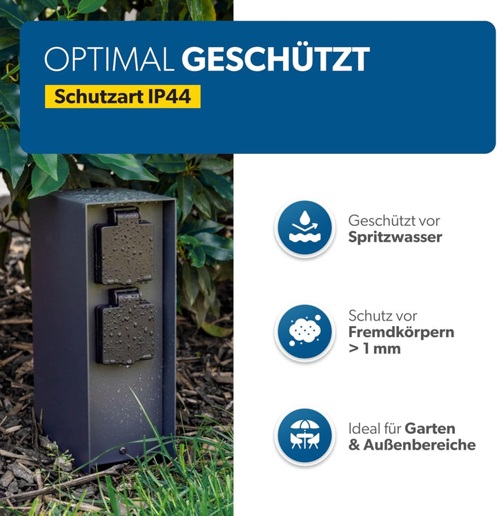 Unitec Steckdosenverteiler für den Garten, Steckdosensäule, Aussensteckdose, Edelstahl IP 44, 2 Stec