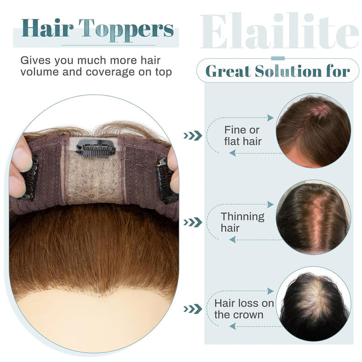 Elailite Haarteil Echthaar Topper Clip in Toupet Frauen Haartopper Extensions Seide Basis Clip in Ex