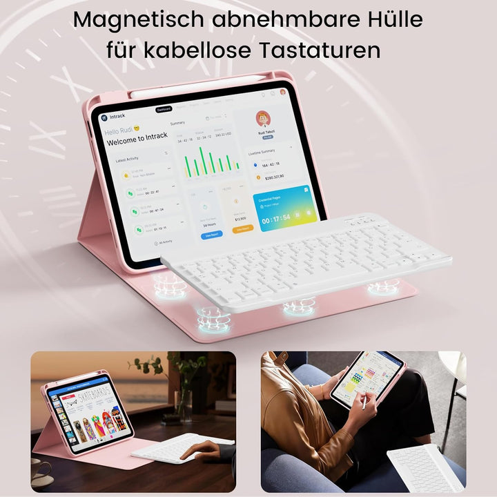 Hülle mit Tastatur für iPad 11/10 Generation mit Stifthalter, Magnetisch Abnehmbare Kabellose Blueto