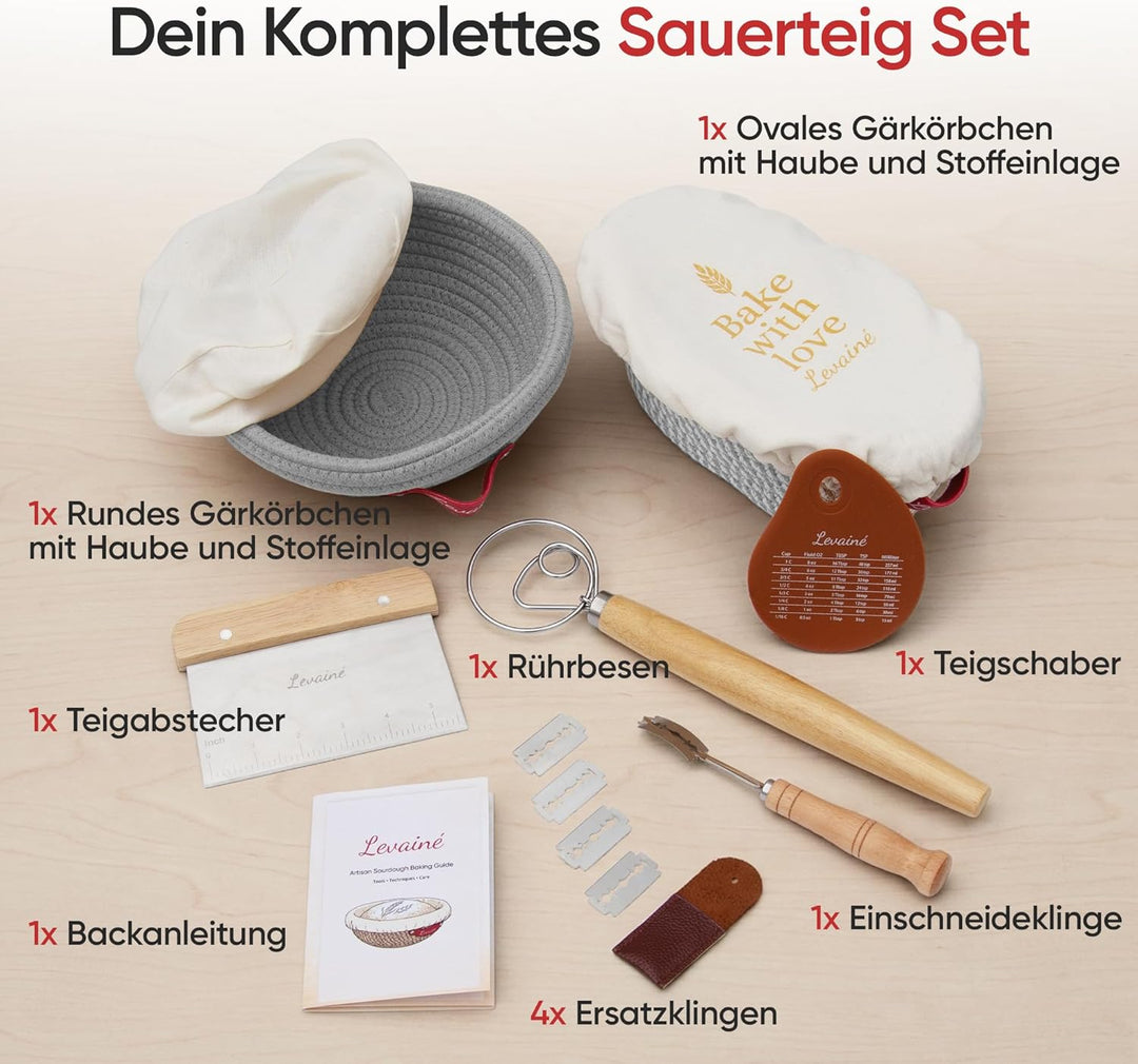 Levainé Sauerteig Starter Set mit Gärkörbchen Set (Rund & Oval) und Zubehör – Brot Backen Zubehör Se