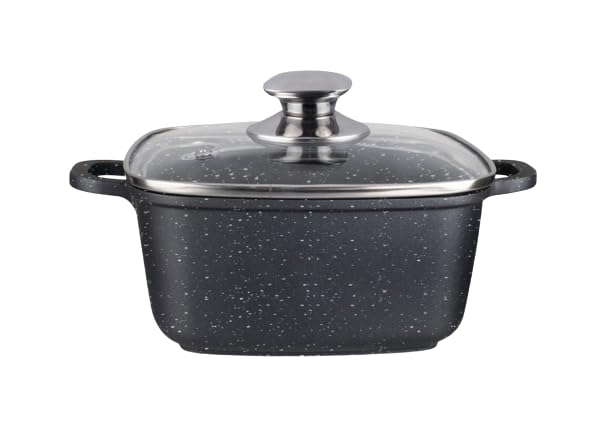 Marmortopf quadratisch 24x24x10cm/ 4,5l, Induktionstopf mit Glasdeckel mit Dampflöchern, für alle He