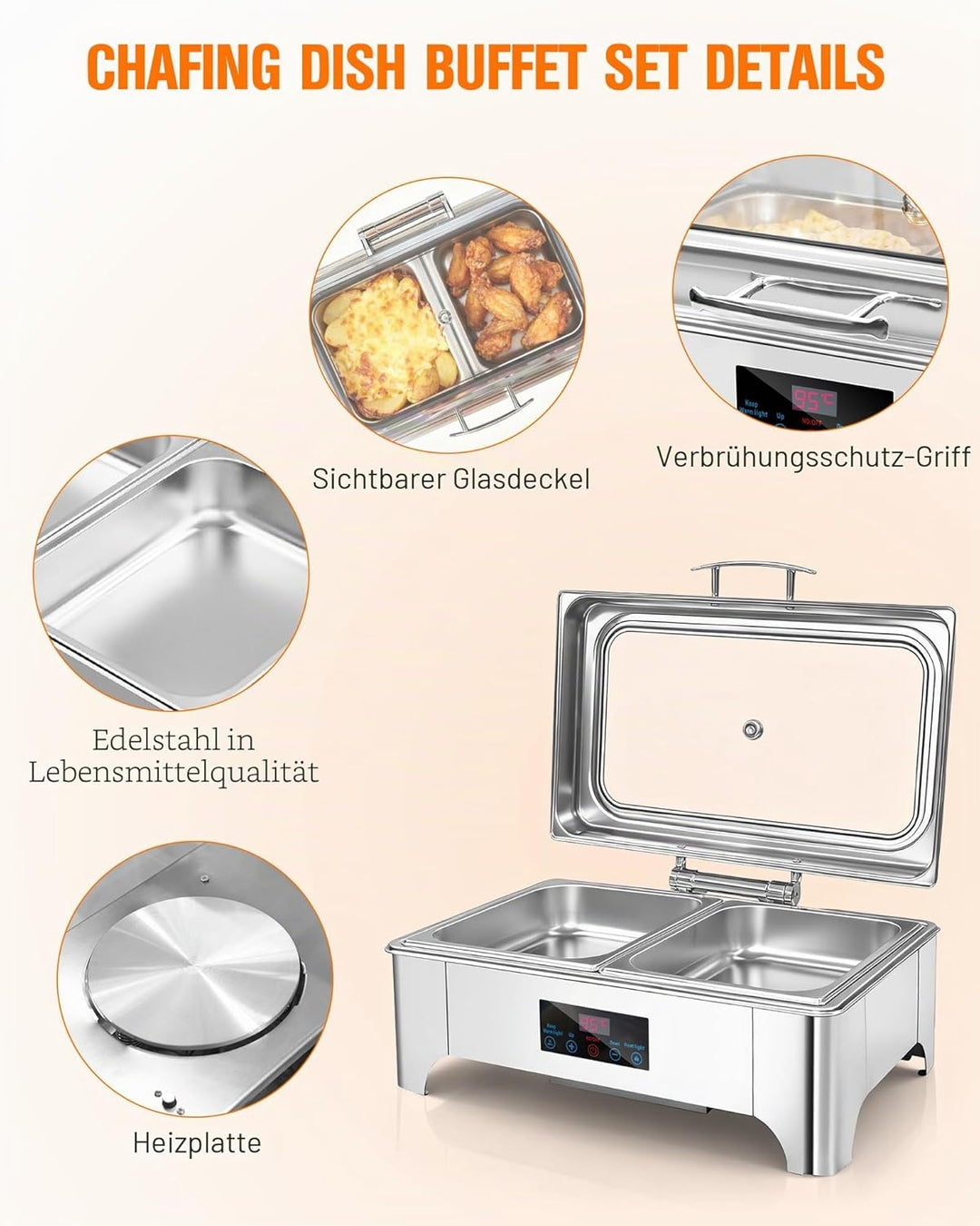 Chafing Dish Elektrisch, 9L Professioneller Speisenwärmer, Buffetwärmer mit Touchscreen Temperaturre