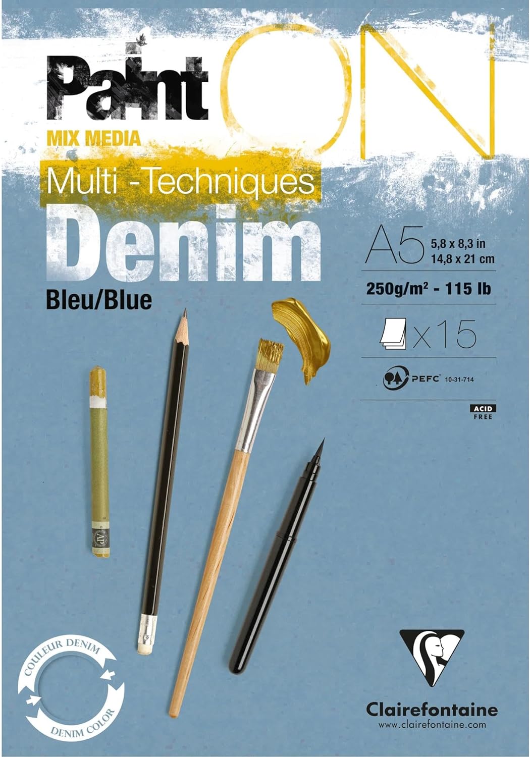 Clairefontaine 975700C - Packung mit 4 Blöcken Paint´ON Denim, DIN A5, kopfseitig geleimt, 15 Blatt,