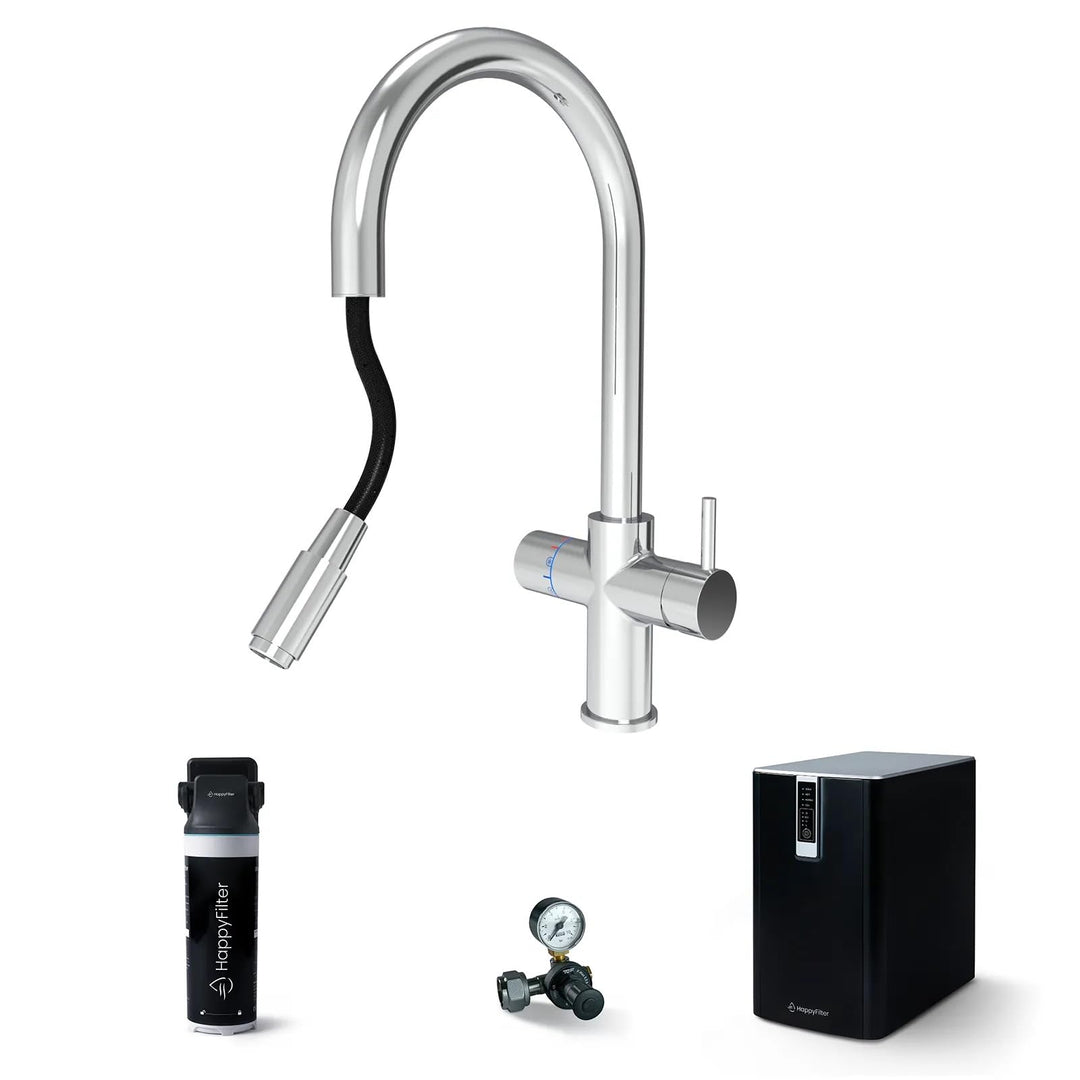 HappyFilter FizzRed Wassersprudler Wasserkocher | gekühlt | gesprudelt | kochend| 5in1 Flex Chrom Wa