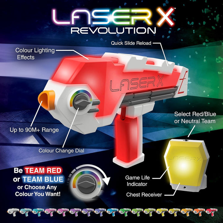 Laser X - Revolution Blaster, wähle deine Teamfarbe, treffe bis zu 90 Meter, mit 2 Blastern, 2 Empfä