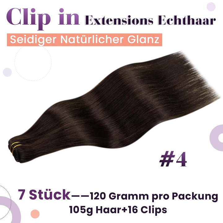 LaaVoo Clip in Extensions Echthaar Braun Echthaar Extensions Clip Dunkelbraun Haarverlängerung Echth