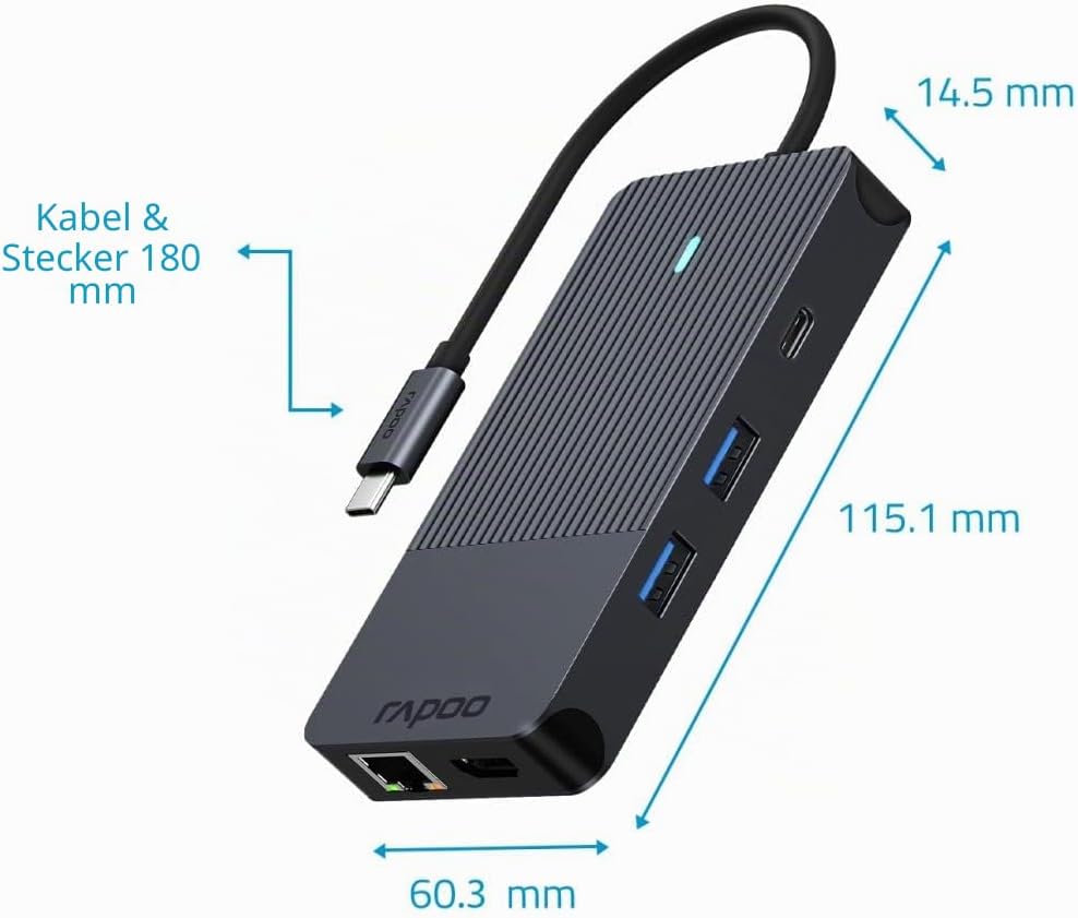 Rapoo UCM-2005 USB-C Multiport Adapter 10-in-1, 100W Power Delievery, 2x 4K HDMI, 1 Gbps LAN, 1 USB-