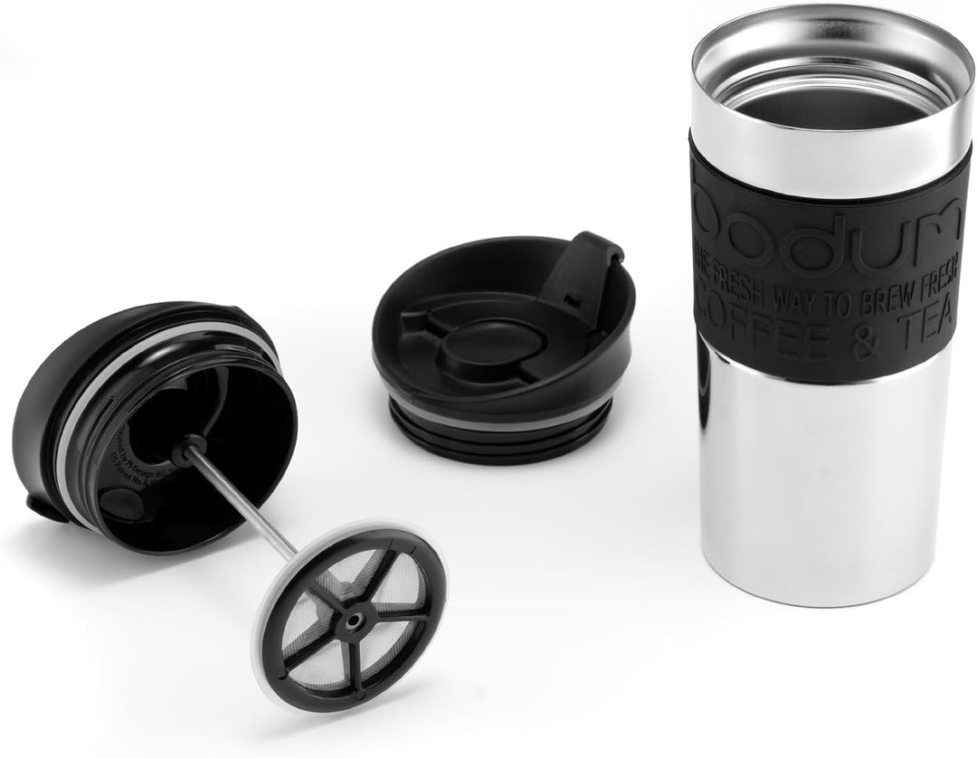 Bodum K11067-01 Travel Press Kaffeebereiter aus Edelstahl in schwarz mit Ersatzdeckel, 350 ml Schwar