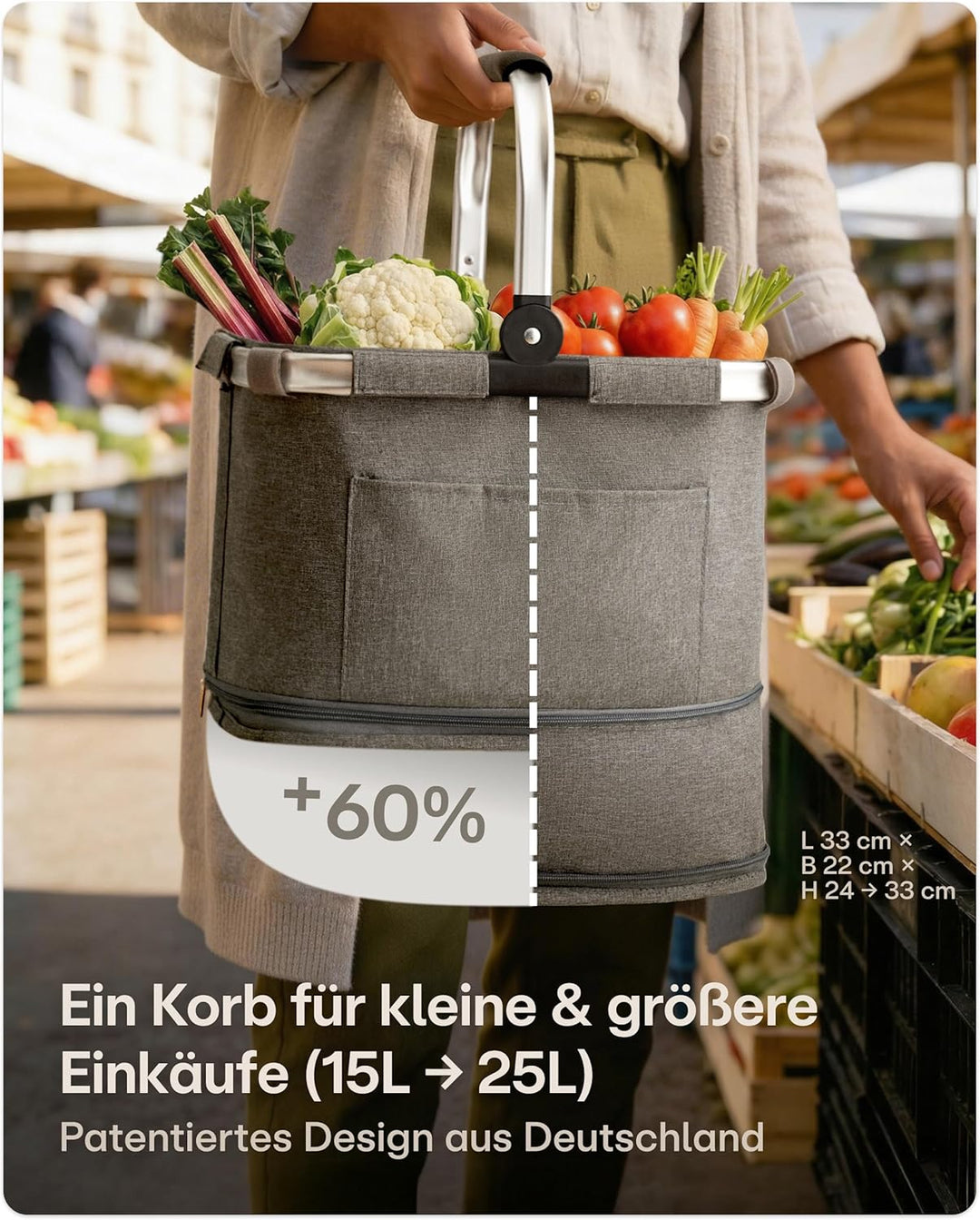 Praknu Einkaufskorb Faltbar Klein – 2 in 1 Erweiterbar 15L auf 25L – Abnehmbarer & Waschbarer Bezug