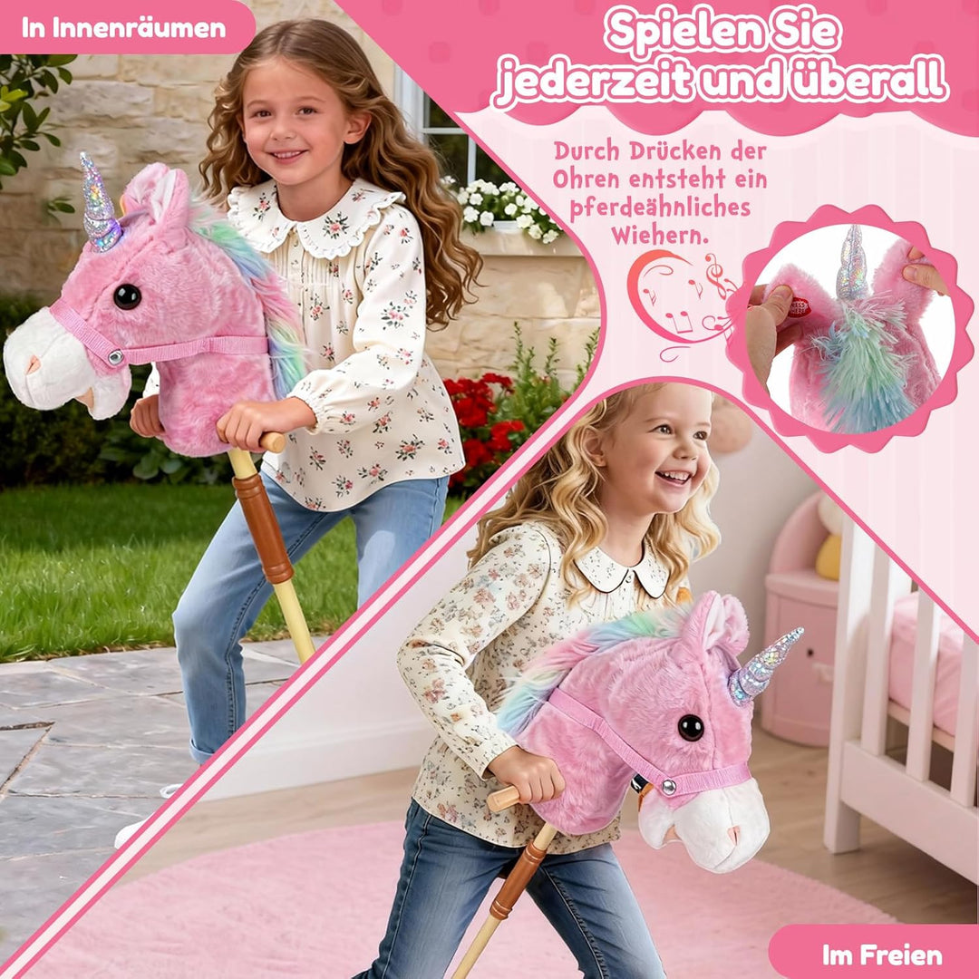 IEEILULU Hobby Horse, Steckenpferd Kinder Rosa, Holzpferd für Draussen mit Hobby Horse Trense, Räder