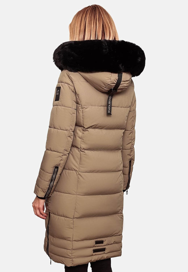 Navahoo Damen Wintermantel Warmer Steppmantel lang mit Abnehmbarer Kapuze Fahmiyaa XS-3XL M Taupe Gr