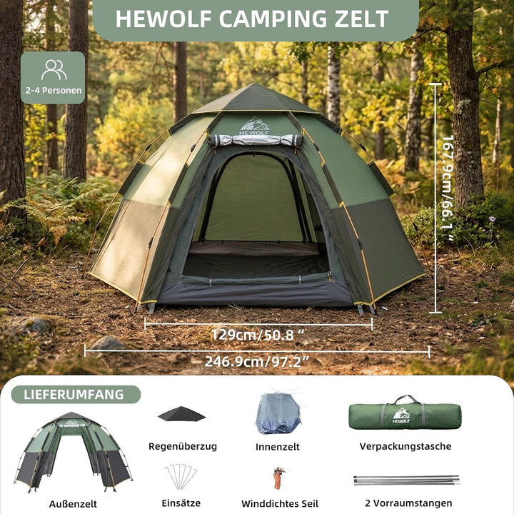 Hewolf Camping Zelt - Zelt 2/3/4 Personen Wasserdicht mit Vorzelt Familienzelt Einfache Einrichtung