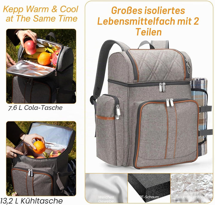 Picknick-Rucksack für 4 Personen, Picknickkorb-Set, auslaufsichere Picknicktasche, Strandkühlrucksac