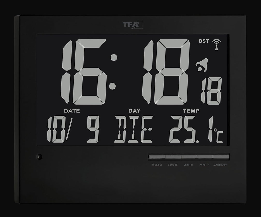 TFA Dostmann Digitale Funkuhr mit automatischer Hintergrundbeleuchtung, mit Innentemperatur, Datum,