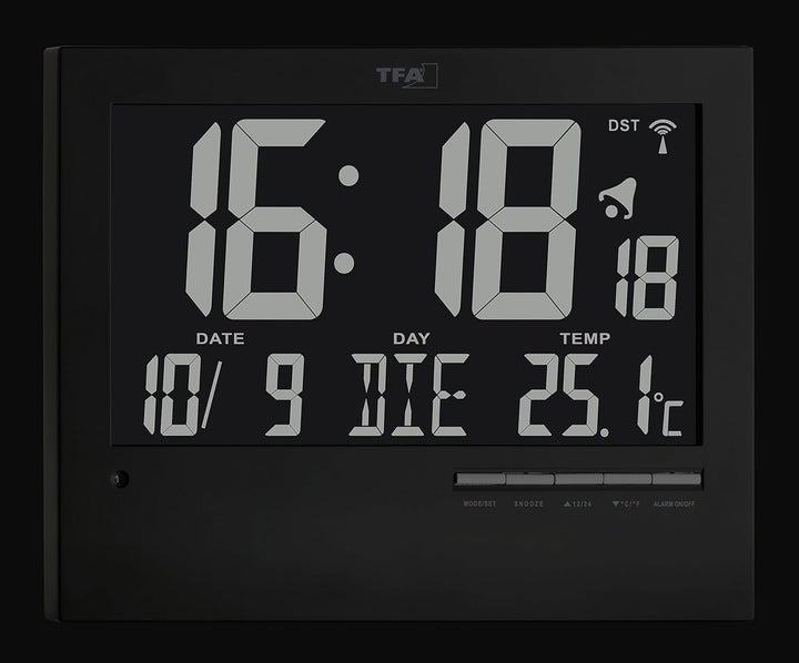 TFA Dostmann Digitale Funkuhr mit automatischer Hintergrundbeleuchtung, mit Innentemperatur, Datum,