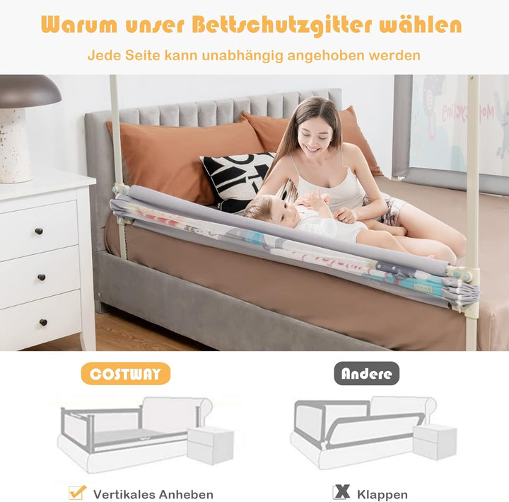 COSTWAY 175cm Bettgitter, 24 Stufen höhenverstellbares Babygitter mit doppeltem Verschluss & Reissve