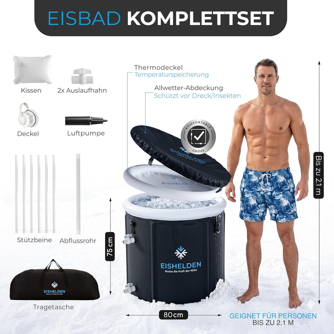 Eishelden Premium Eisbad (80 cm Ø) XL Komplettset - Kryotherapie für Sportler & Anfänger, erleben Si