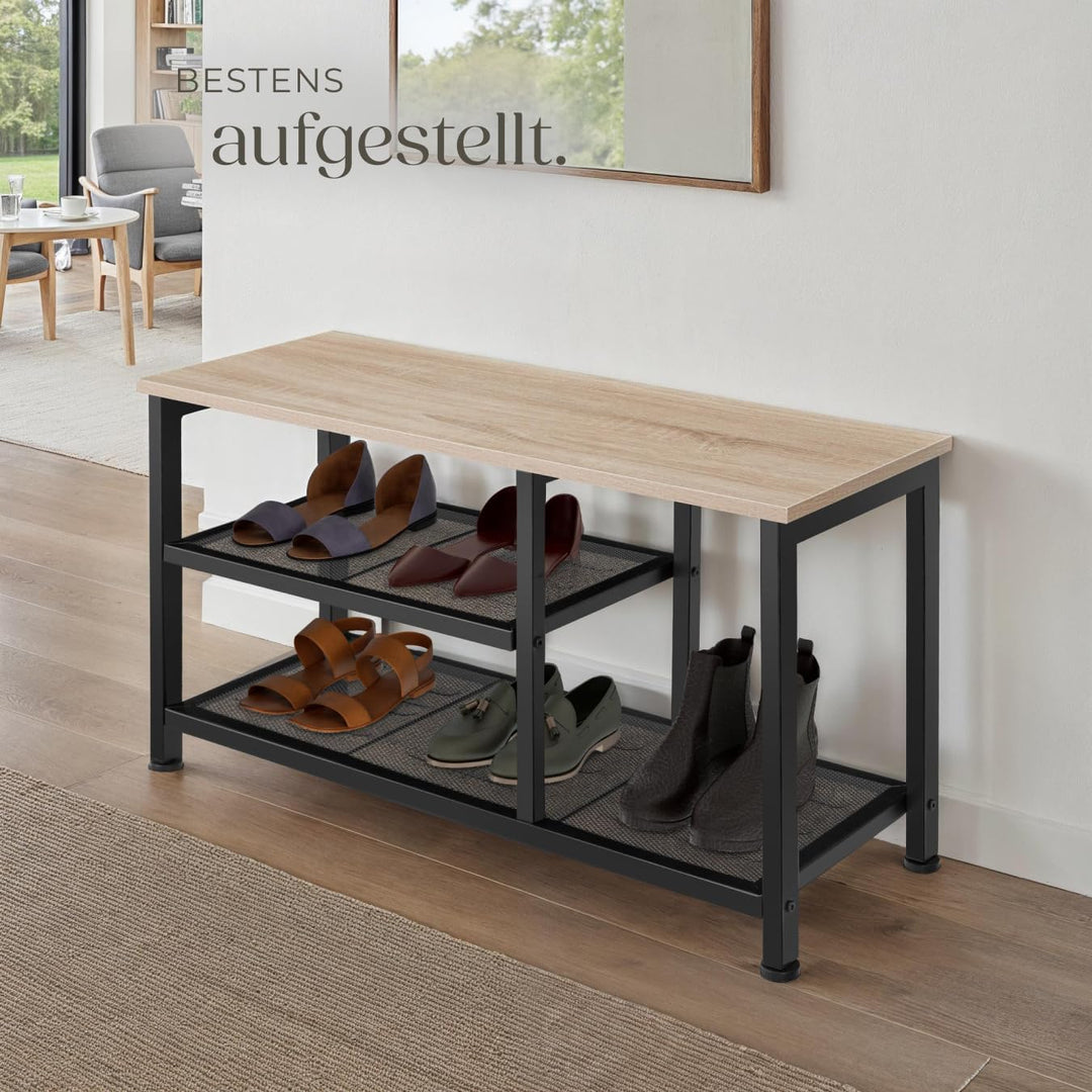 tectake® Schuhregal schmal mit Sitzfläche, Schuhbank 3 Ebenen, 2 Gitterablagen, Schuhregal platzspar