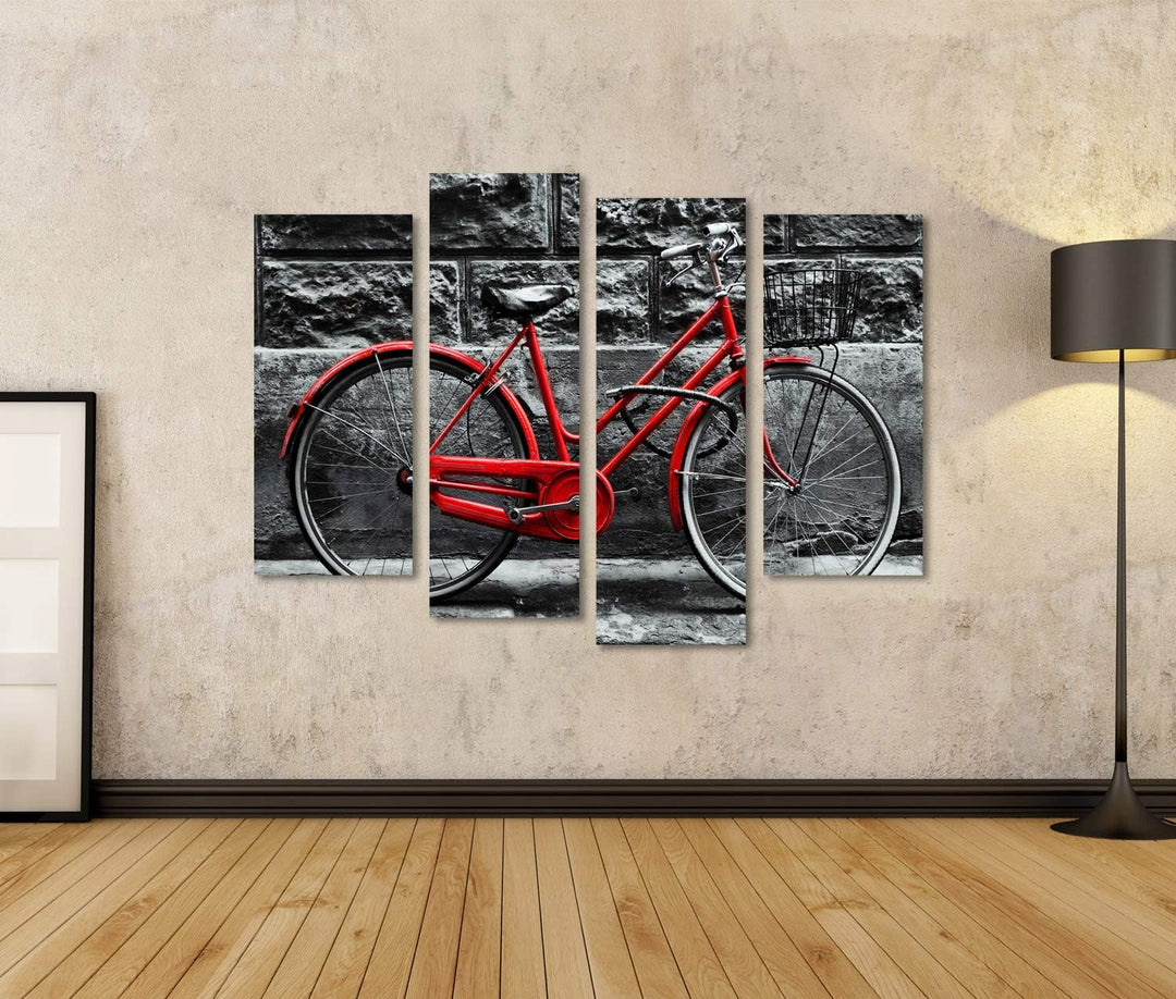 islandburner Bild auf Leinwand Retro Vintage Rotes Fahrrad Vor Schwarz Weisser Wand Bilder Wandbilde