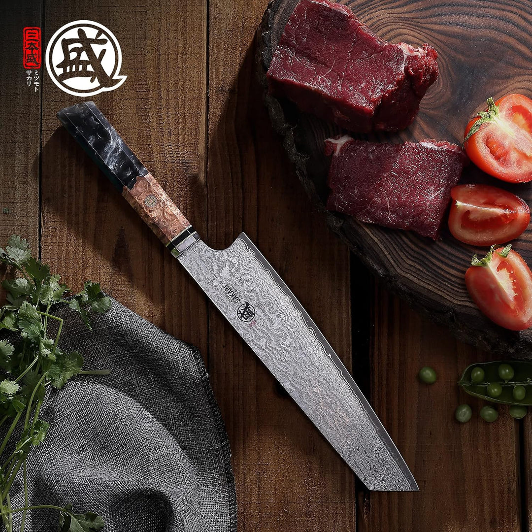 MITSUMOTO SAKARI 22 cm Handgeschmiedetes Japan Kiritsuke Kochmesser | AUS-10 Damaststahl Küchenmesse