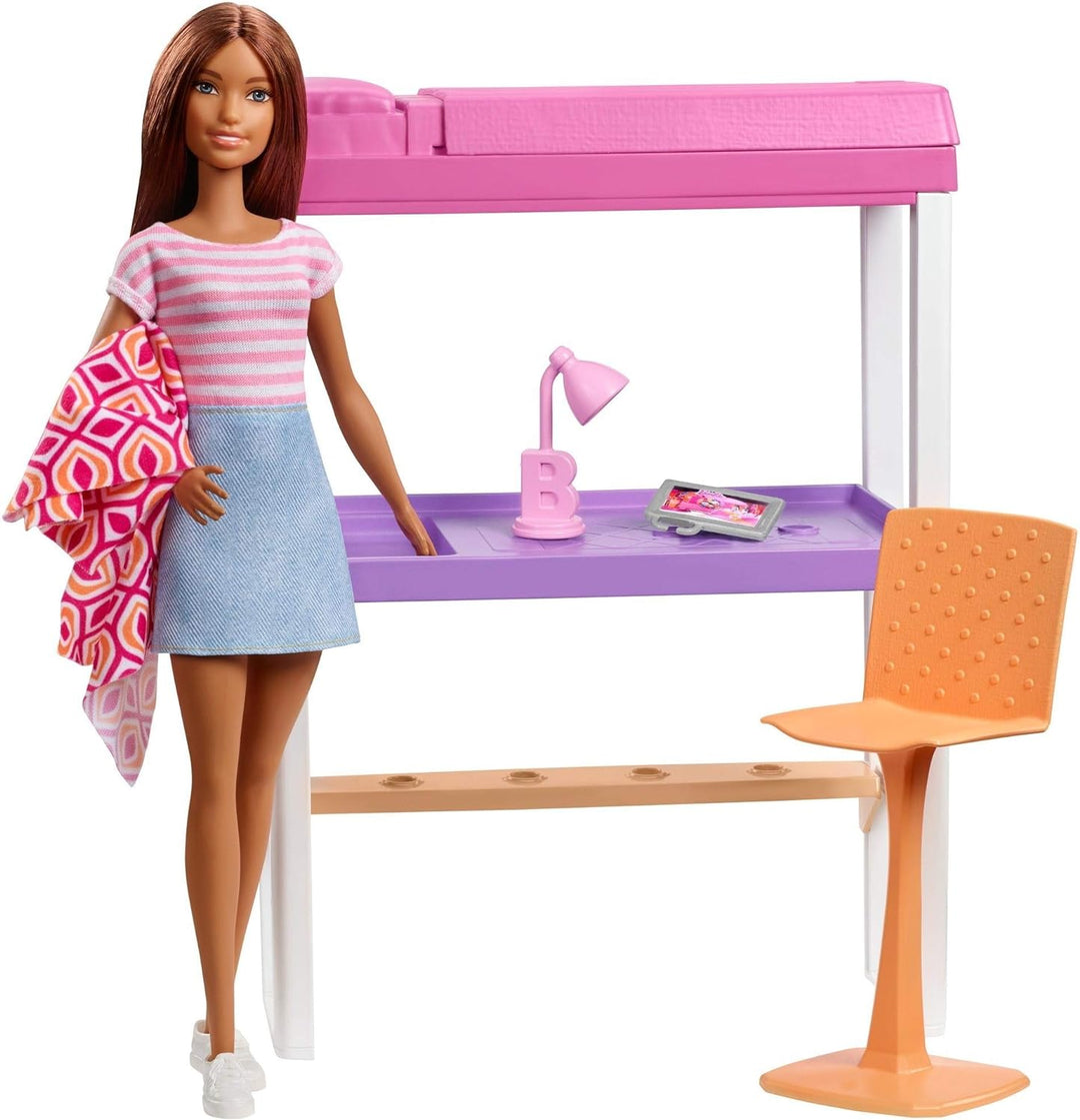 Barbie FXG52 - Deluxe-Set Möbel Hochbett mit Schreibtisch und Puppe, Mehrfarbig, Hochbett mit Schrei
