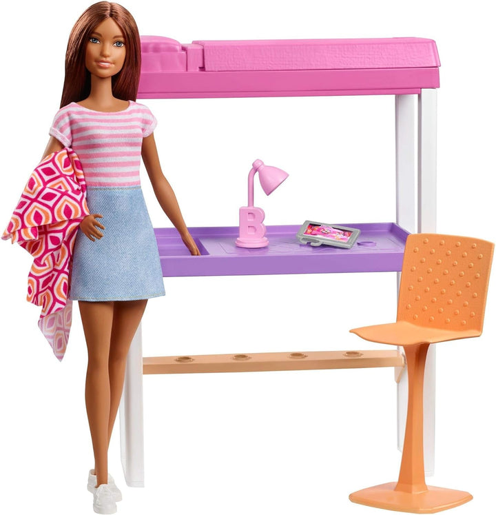 Barbie FXG52 - Deluxe-Set Möbel Hochbett mit Schreibtisch und Puppe, Mehrfarbig, Hochbett mit Schrei