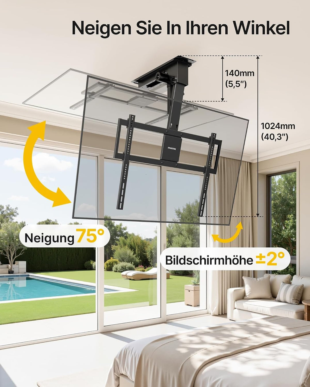 monTEK Motorisierte TV Deckenhalterung von 43-86 Zoll, hochbelastbar bis 55 kg, kompatibel mit Off-C