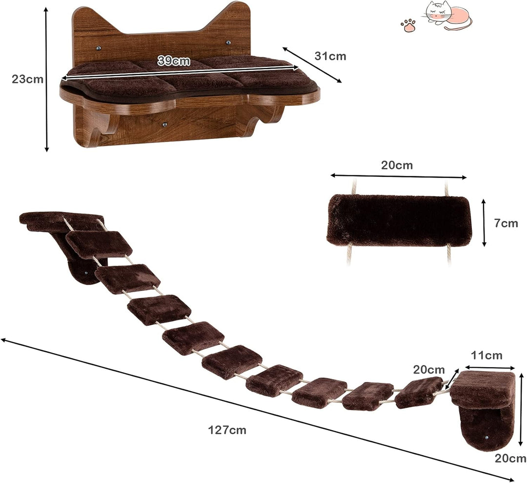 COSTWAY Kletterwand Katzen, 2 in 1 Katzenbrücke und Katzenliege, Katzenhängematte Wand Set, Hängebrü