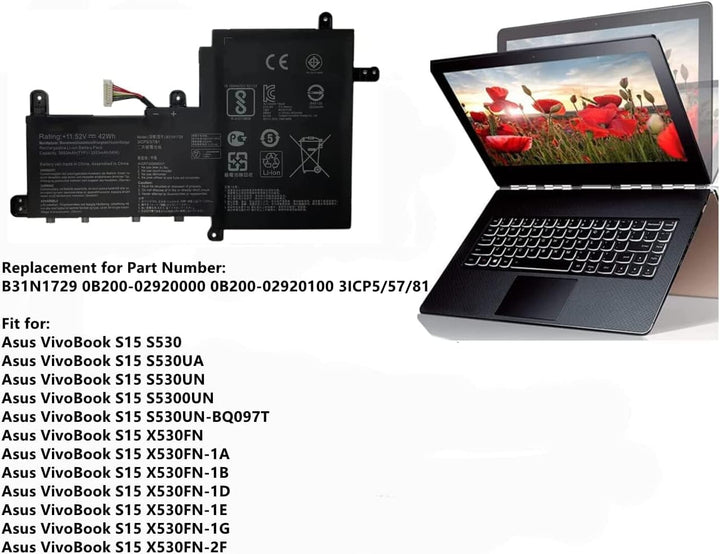 AKKEE 42Wh B31N1729 Replacement Laptop Akku für Asus VivoBook S15 S530 S530UA S530UN S530UN-BQ097T X