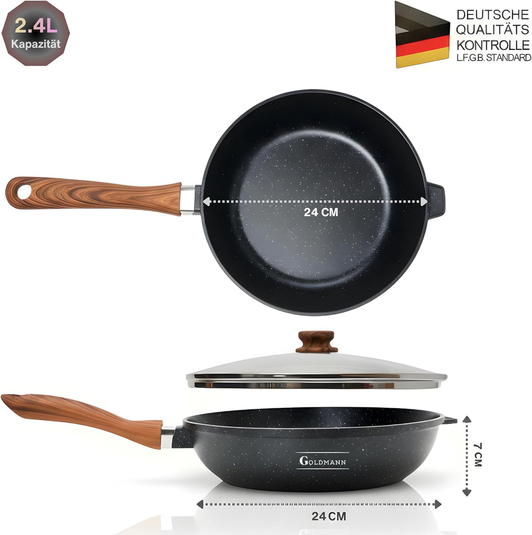 Goldmann Tiefe Bratpfanne 24 cm mit Glasdeckel – Aluminiumguss-Pfanne mit Keramik-Marmor Antihaftbes