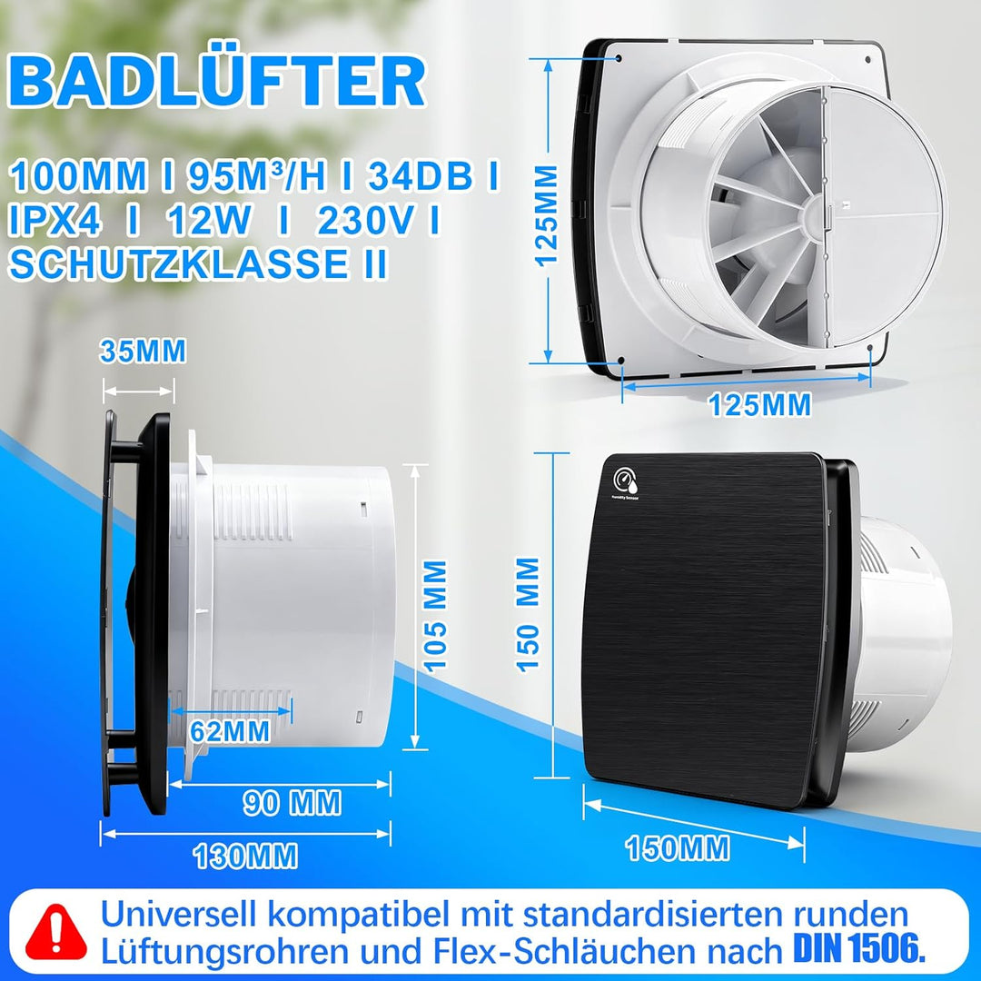 Badlüfter 100mm mit Nachlauf, ≤34db Leiser und Leistungsstarker Abluftventilator, 12W 2400U/m IPX4 W
