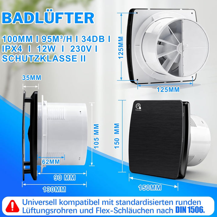 Badlüfter 100mm mit Nachlauf, ≤34db Leiser und Leistungsstarker Abluftventilator, 12W 2400U/m IPX4 W