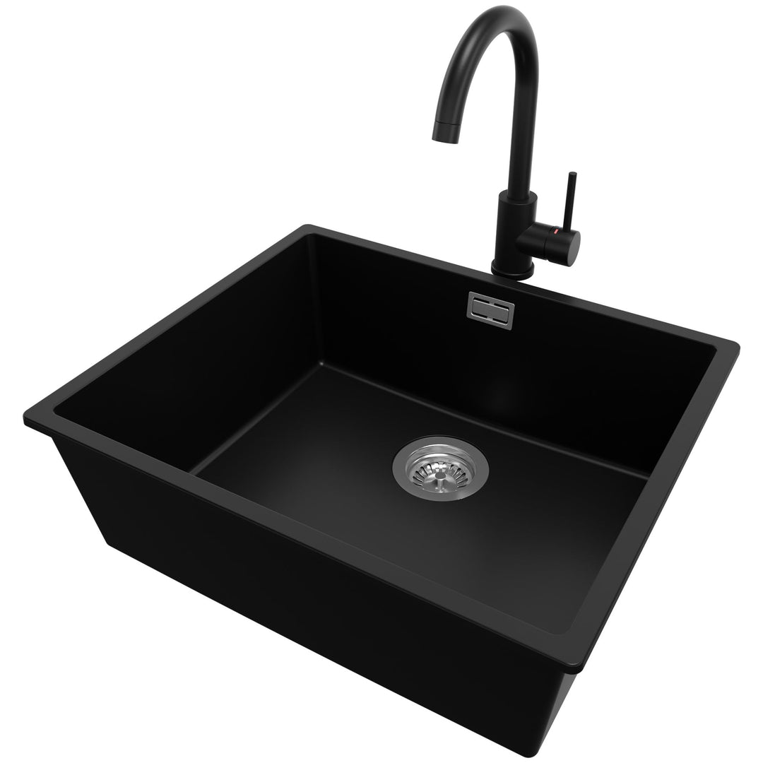 Unterbauspüle Schwarz 56 x 47 cm, Granitspüle + Siphon Klassisch + Küchenarmatur, Spülbecken ab 60er