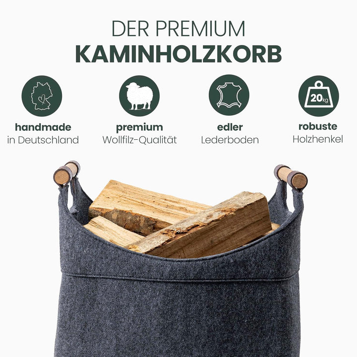 Filz Holzkorb für Kaminholz Gross [40 L] mit Echtholzhenkeln (Eiche) Plegeleichter Boden - Made in G