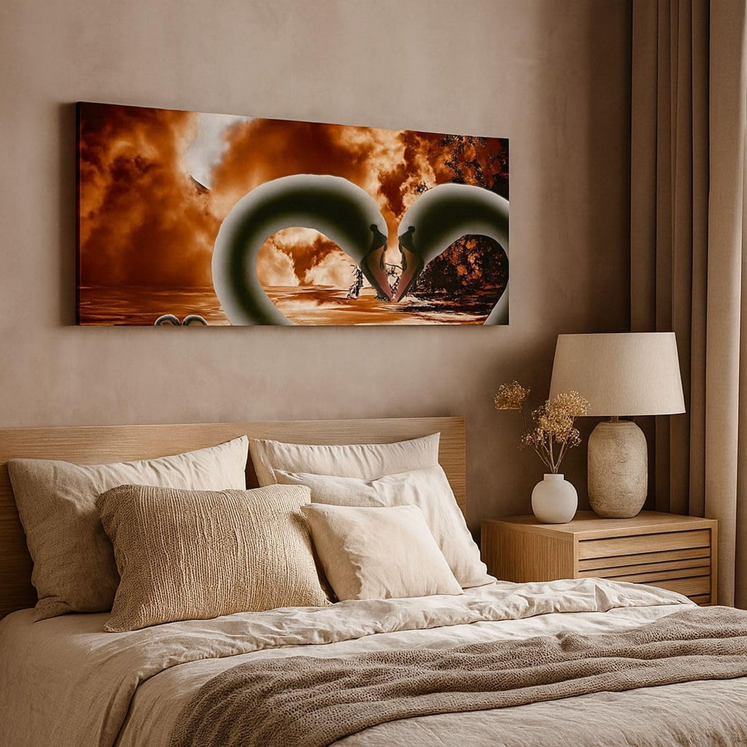 Panorama Bilder auf Leinwand 100x40cm Leinwandbild Schwäne Nacht Liebe Gross Wanddeko Bild Schlafzim