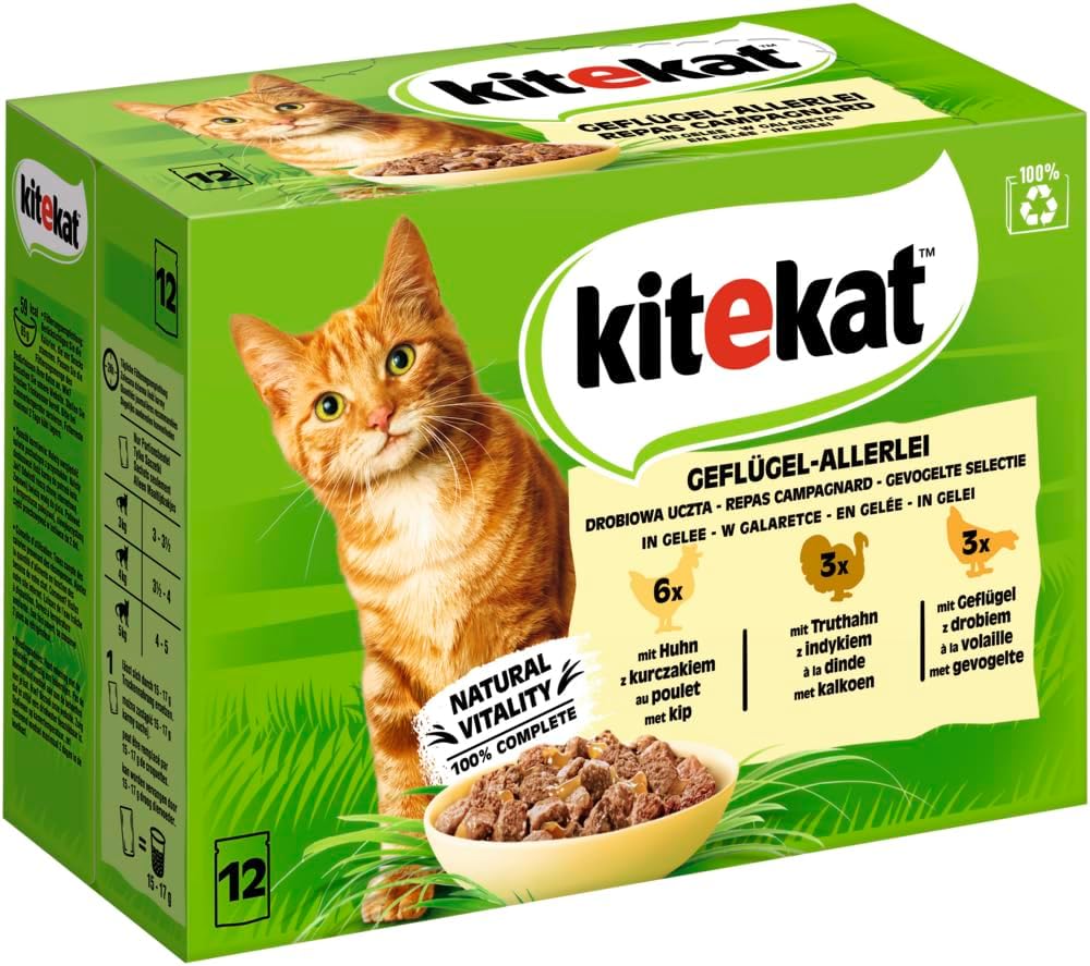 Kitekat Katzenfutter Geflügel-Allerlei in Gelee, 48 Beutel (2 x 24 x 100 g) Mix 100 g (48er Pack), M