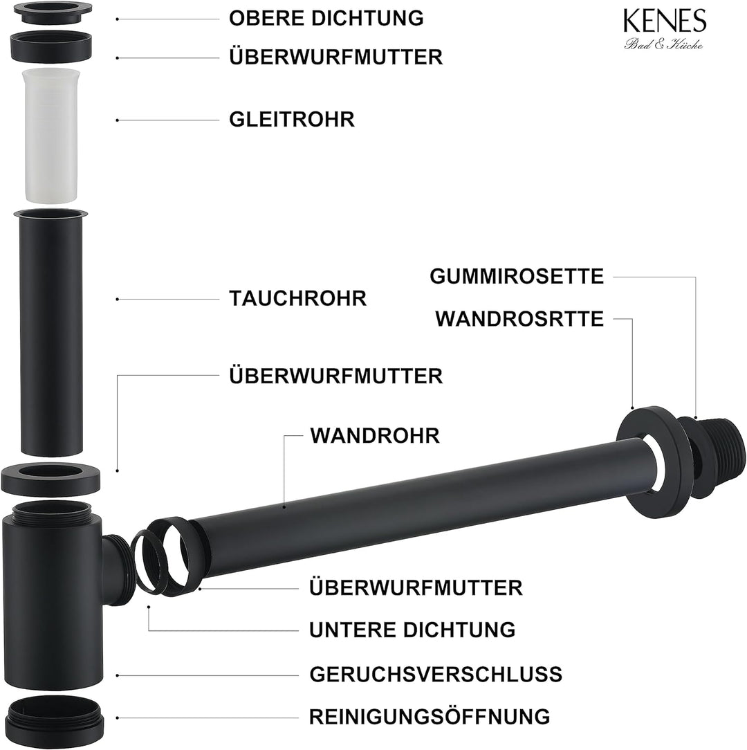 KENES Siphon Universal für Waschbecken & Waschtisch - Röhrensiphon/Siphon Waschbecken | Röhrensiphon