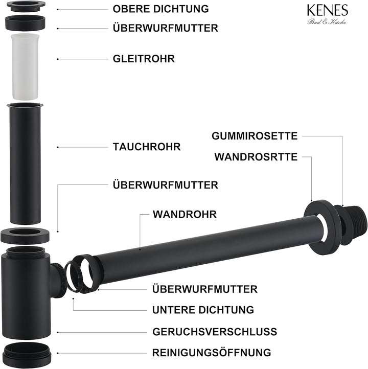 KENES Siphon Universal für Waschbecken & Waschtisch - Röhrensiphon/Siphon Waschbecken | Röhrensiphon