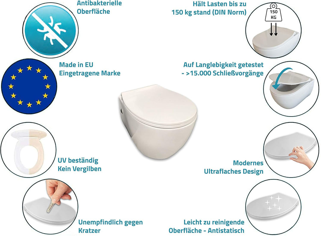Aqua Bagno | Flacher Toilettendeckel &amp; WC-Sitz mit Absenkautomatik, abnehmbarer Klodeckel O-Form, Un
