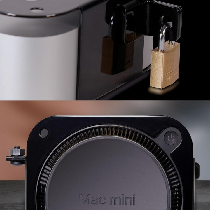 SoNNeT MacCuff mini (2024+): Stahlhalterung zur Montage eines Mac mini (2024) unter einem Tisch, an