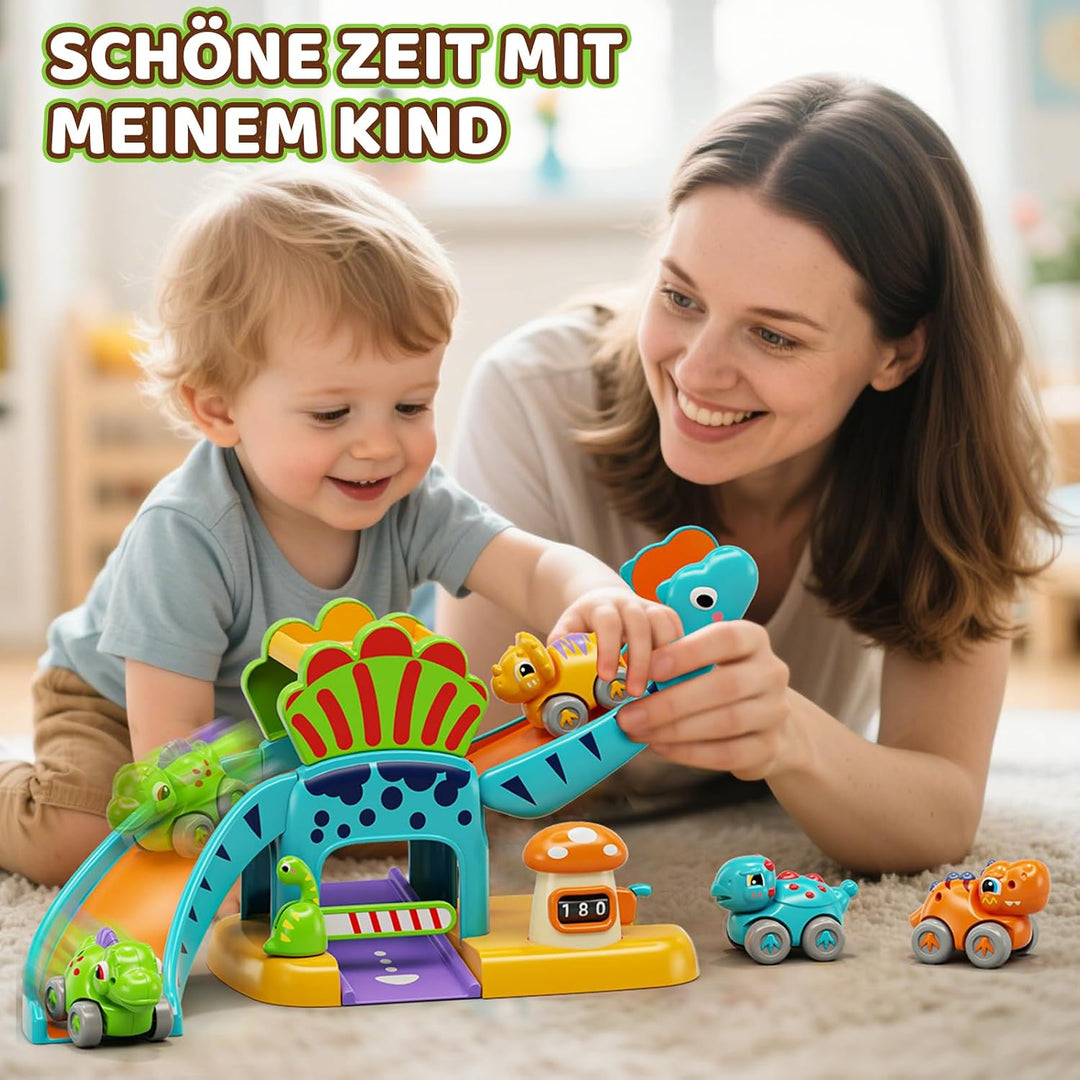 Lehoo Castle Kinderspielzeug ab 1 Jahr, Geschenk für Jungen Mädchen | 4 Dinosaurier Autos mit Parkpl