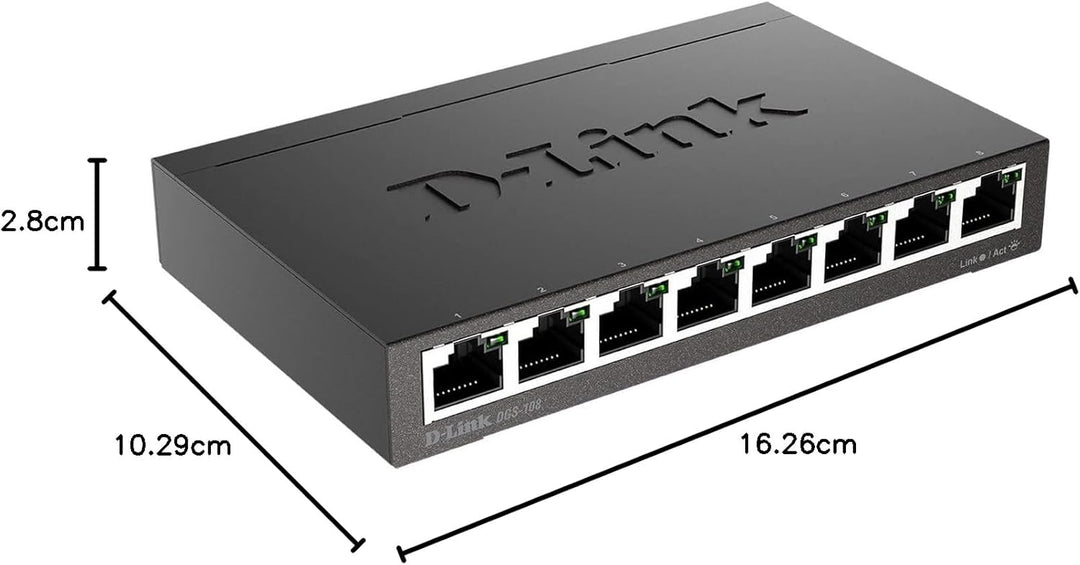 D-Link DGS-108 8-Port Layer2 Gigabit Switch (bis zu 2000 Mbit/s Datenübertragung pro Port, Non-Block
