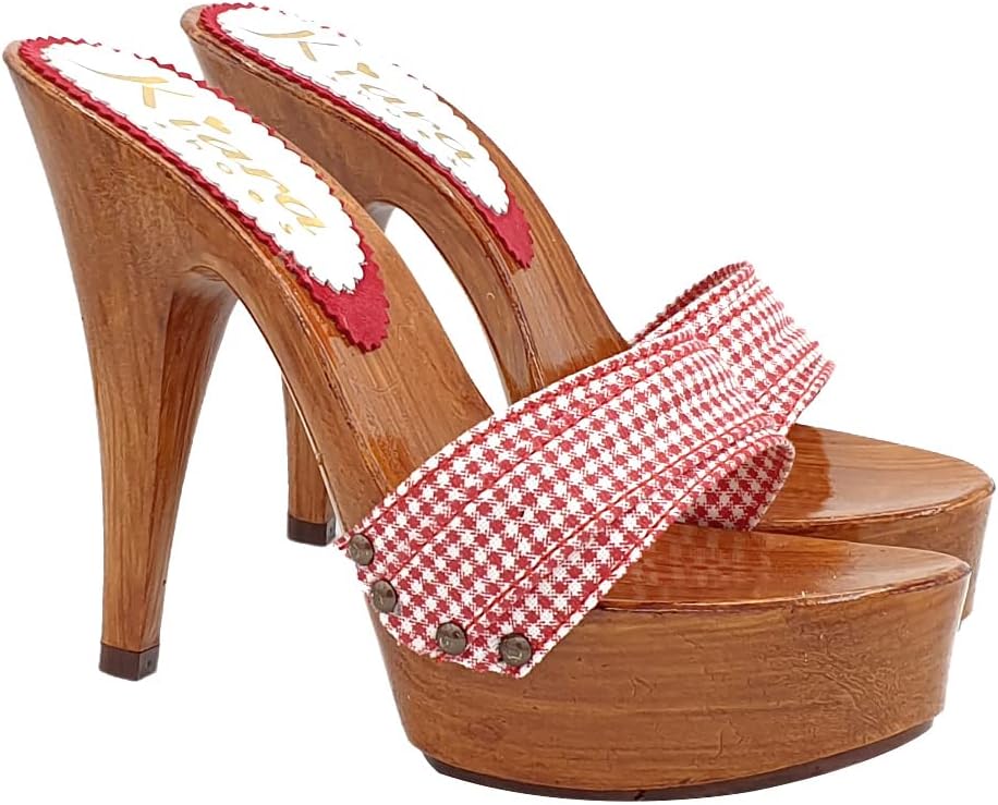 Clogs im Pin-up-Stil mit rot kariertem Band Absatz 13 cm - Made in Italy - K9101 PIN UP (42 EU, ROT)