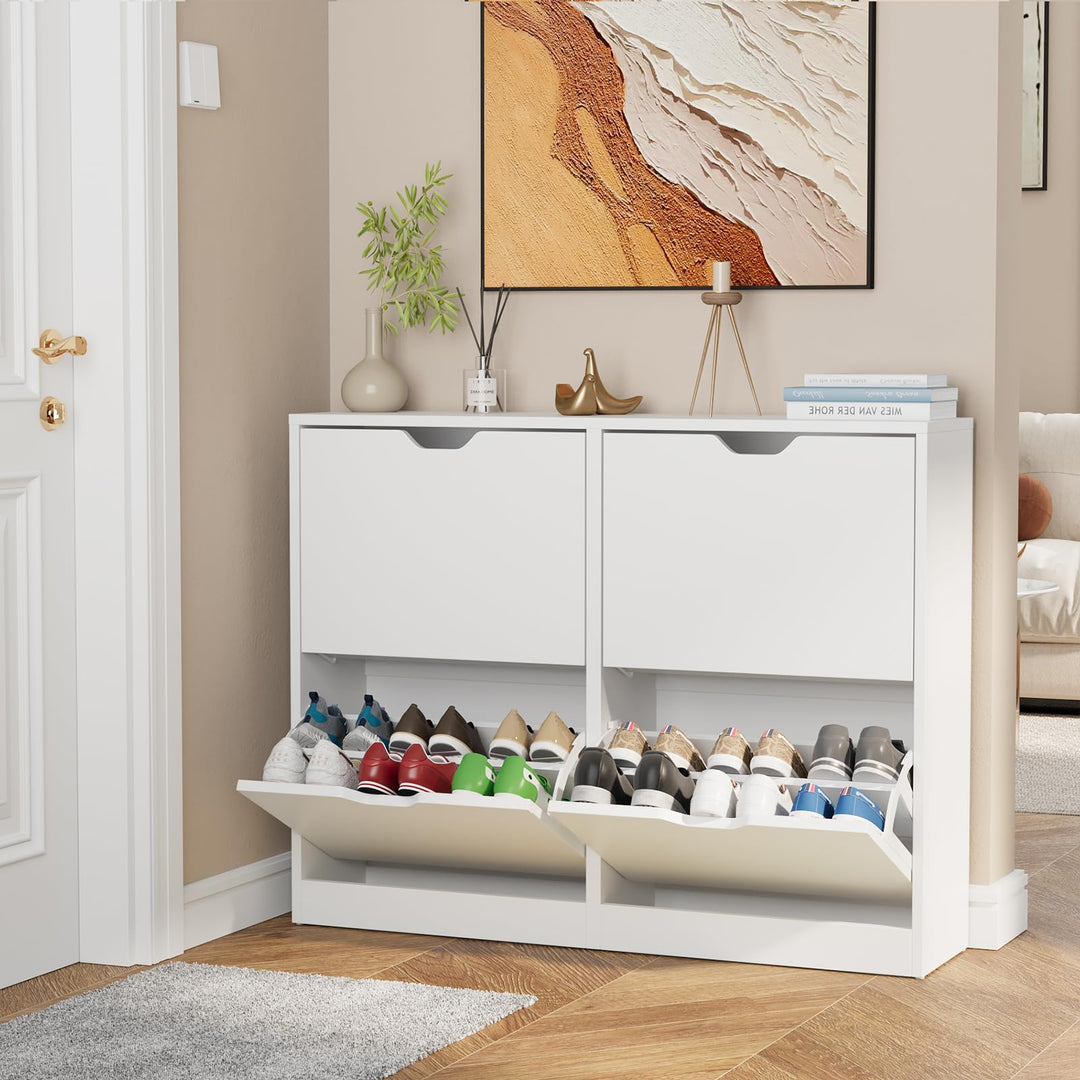 VOWNER Schuhschrank mit 4 Klappen, Schuhschrank Weiss, Schmaler Schuhregal, mit 8 Fächern, Schuhabla