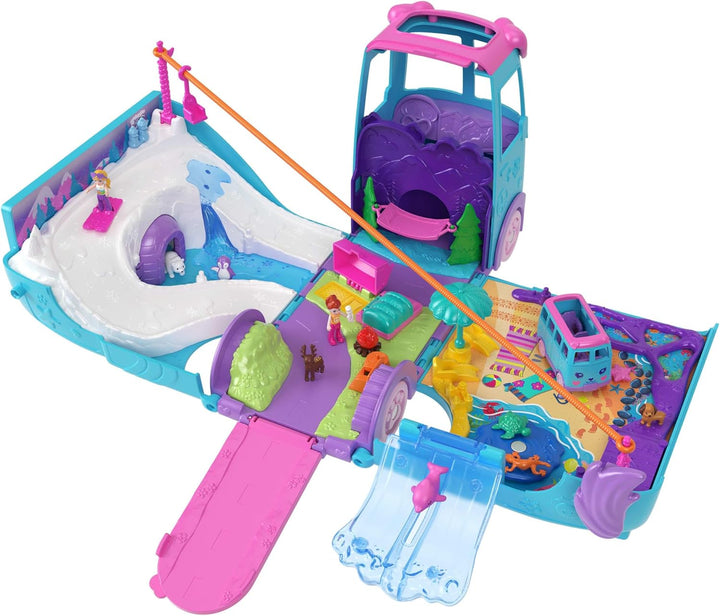 Polly Pocket-Mikropuppen und umwandelbarer Camper, mit Accessoires wie Haustieren und Spielzeugauto,