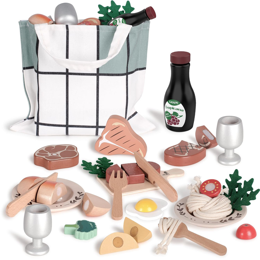 Holz Spielen Essen für Kinder, Steak Spielzeug, Küchenzubehör Set, Restaurant Spielen für 3 + Jungen