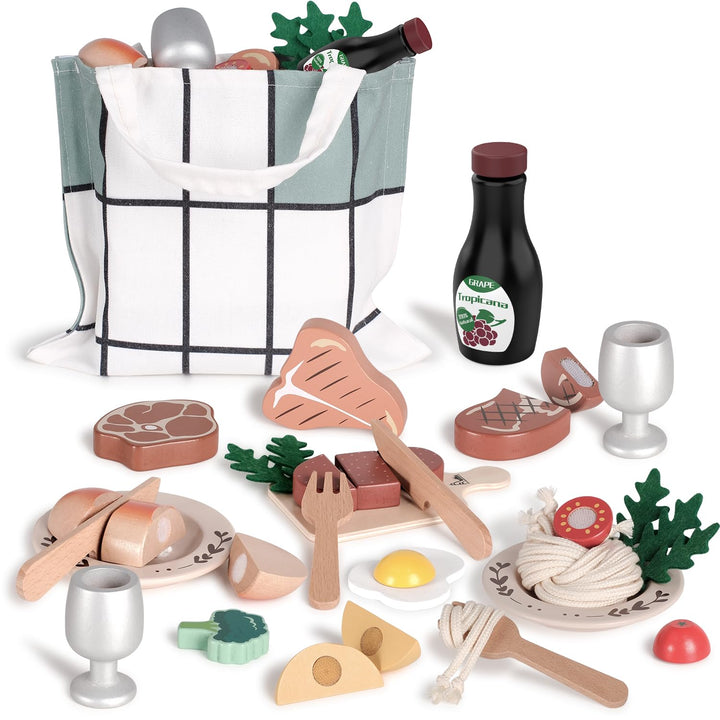 Holz Spielen Essen für Kinder, Steak Spielzeug, Küchenzubehör Set, Restaurant Spielen für 3 + Jungen
