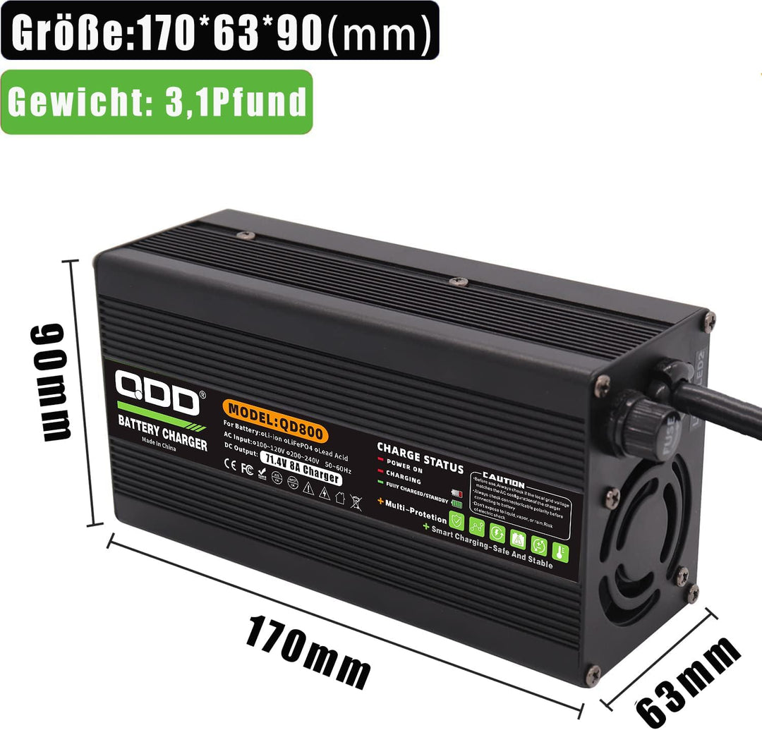 QDD 71,4 V 8 A Ladegerät 60 V Li-Ionen-Akkuladegerät Schwarzes Aluminiumgehäuse DC-Ausgang C13 N+L-A